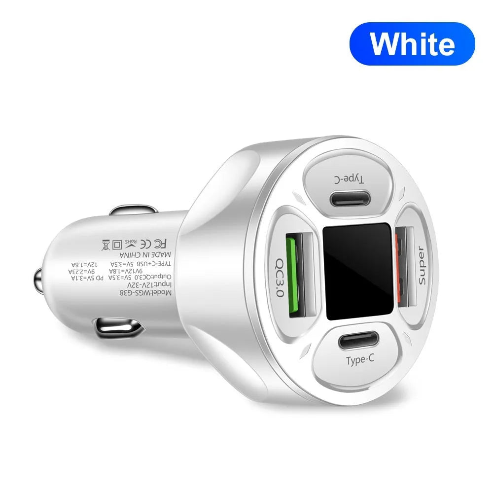 Black 66W digital display car charger with two USB ports and two Type-C ports