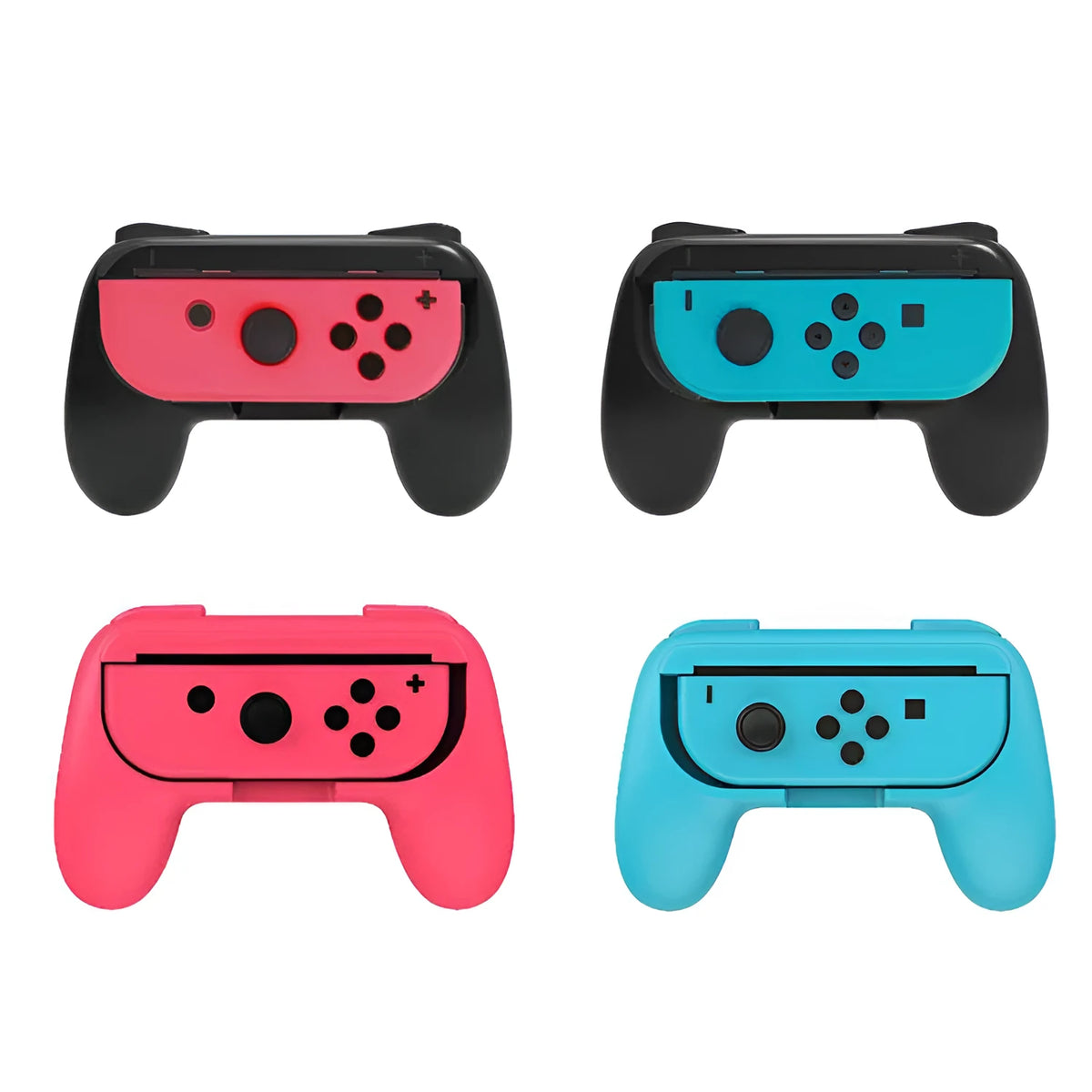 Small ABS Joy-Con grip handles for Nintendo Switch left and right controllers, shown in black and red blue.