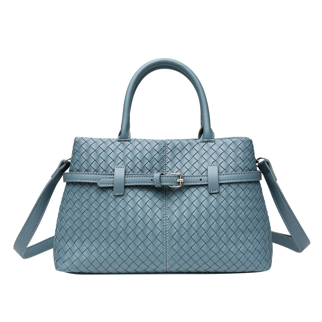 Simple commute large capacity woven pattern bag for women in beige, PU material, horizontal square shape with double shoulder straps