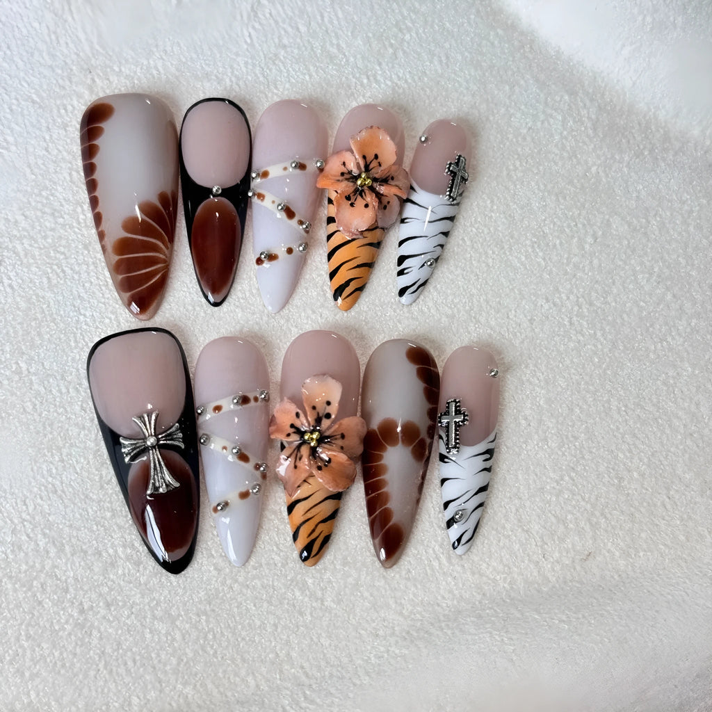 French style leopard print false nails with cross and flower patterns in XS, S, M, L sizes