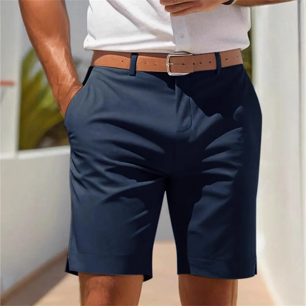 Men's light grey straight-leg polyester casual shorts on a hanger.