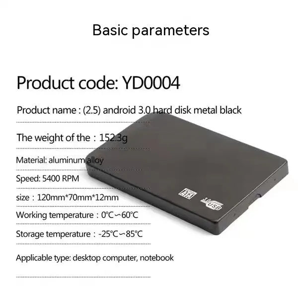 Metal-cased portable solid state hard drive with USB 3.0 cable in black, blue, red, or silver.