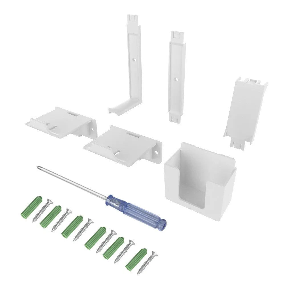 White wall-mounted plastic hook holding a game controller and remote control