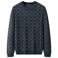 Mens loose round neck sweater in blue or brown, thin chemical fibre blend, sizes M to 7XL
