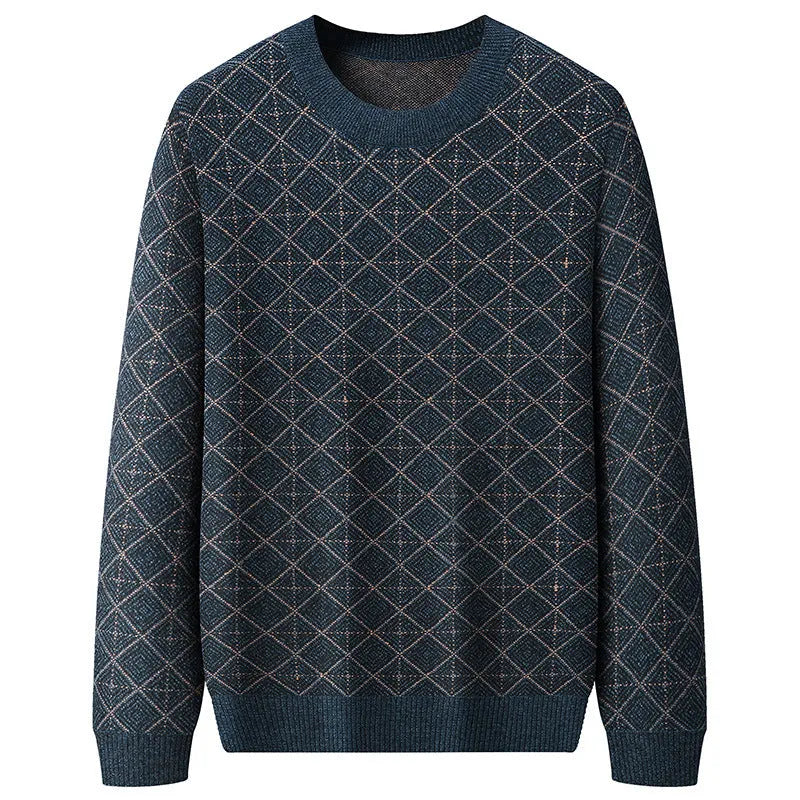 Mens loose round neck sweater in blue or brown, thin chemical fibre blend, sizes M to 7XL