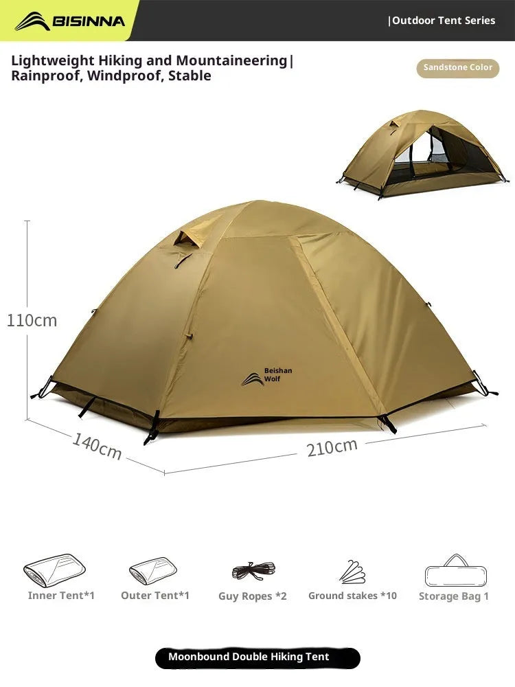 Portable lightweight hiking tent for 1-2 people with aluminium poles, field green colour, pitched outdoors