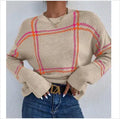 Women's casual crew neck sweater with plaid colour-block pattern in apricot, black, beige, red and green stripes