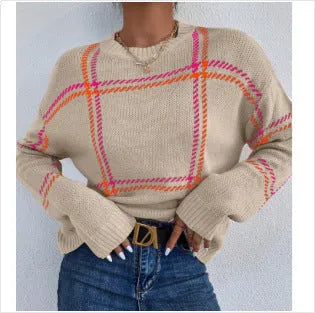 Women's casual crew neck sweater with plaid colour-block pattern in apricot, black, beige, red and green stripes