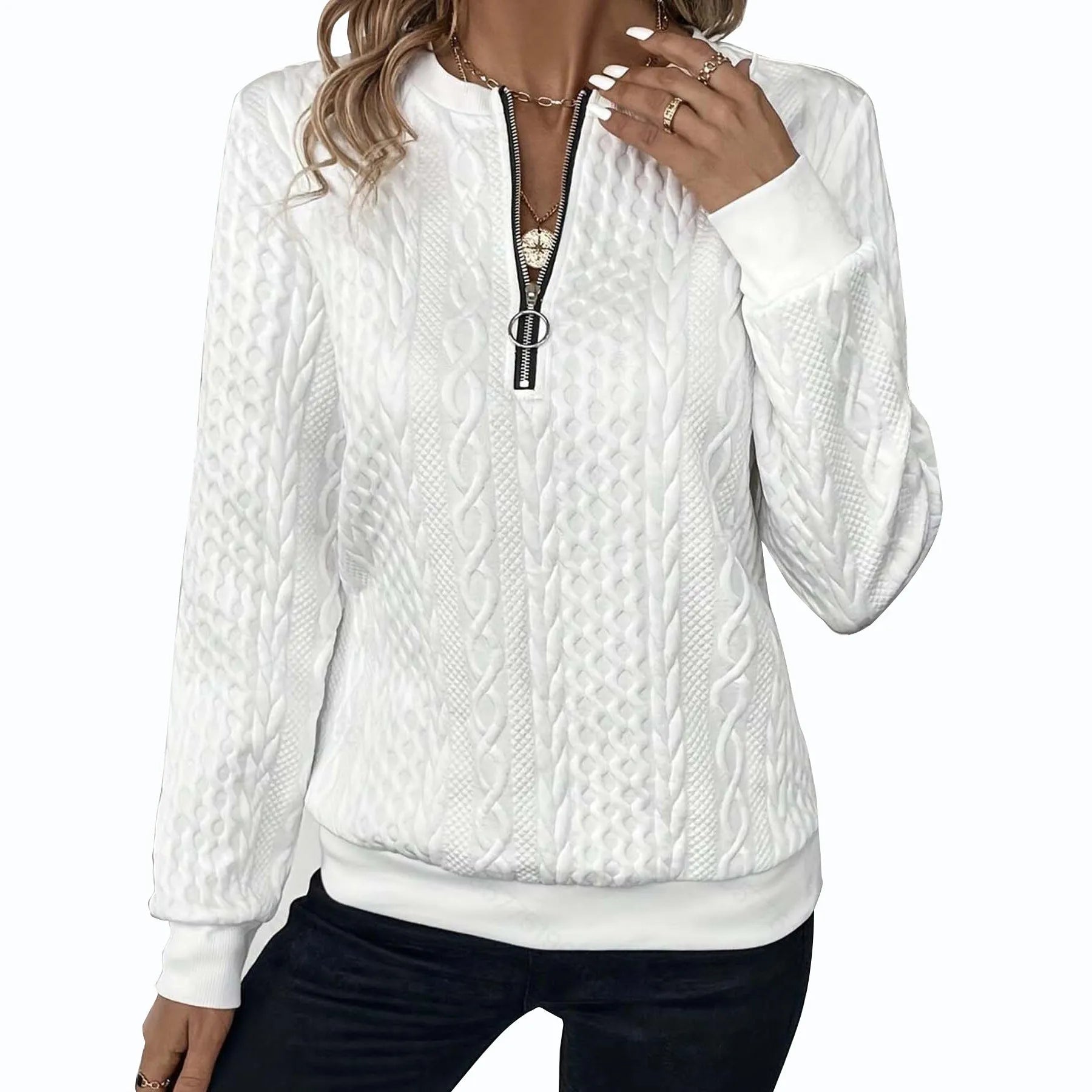 Women's zipper cardigan in apricot with 3D effect pattern, loose fit, and front zipper closure