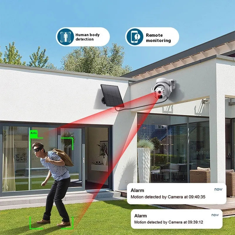 Q55 solar security camera with integrated solar panel in camouflage finish