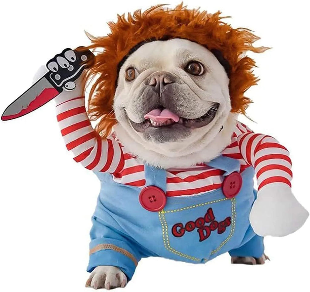 Striped Halloween costume harness pants set for dogs and cats with plastic knife accessory