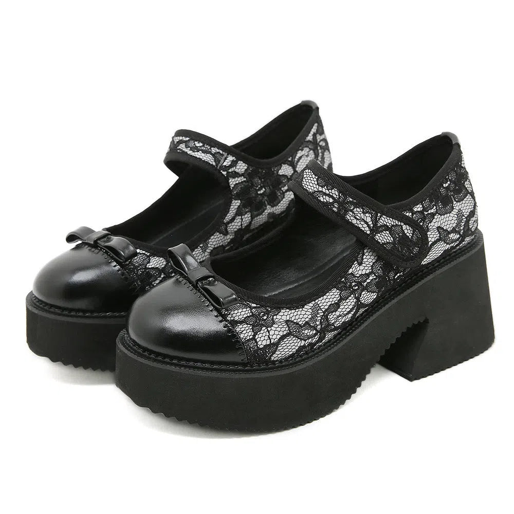 Black waterproof platform Mary Jane shoes with chunky 6–8 cm heel, mesh upper, Velcro straps, and round toe
