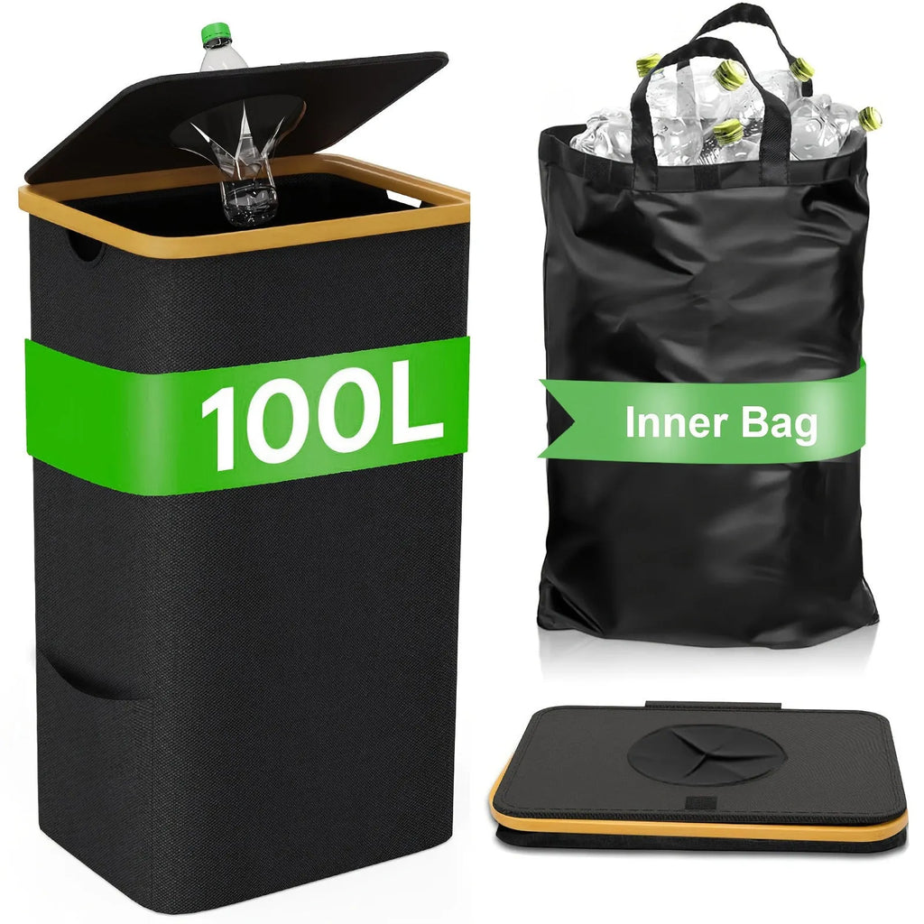 Black bamboo-style storage basket with removable lid and double inner pockets