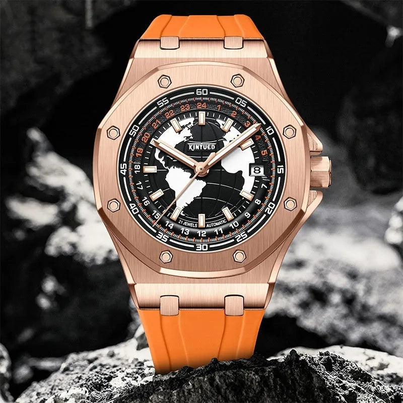 Automatic men's hollow mechanical watch with stainless steel strap and round alloy case on a white background