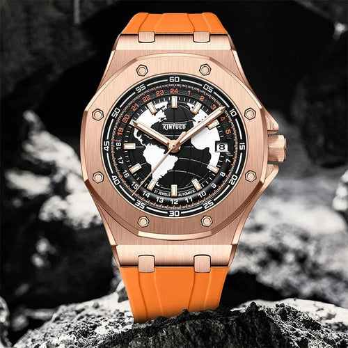 Automatic men's hollow mechanical watch with stainless steel strap and round alloy case on a white background