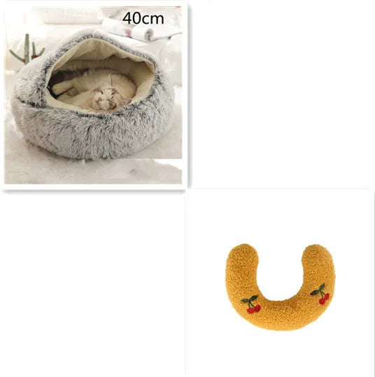 Round plush pet bed in brown for cats and small dogs, size 40cm