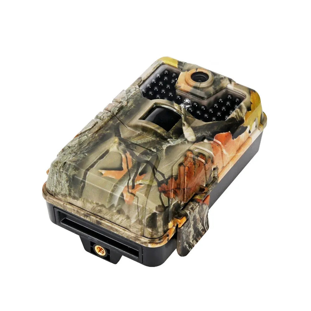 Compact camouflage trail camera with infrared LEDs, showing front display and lens.
