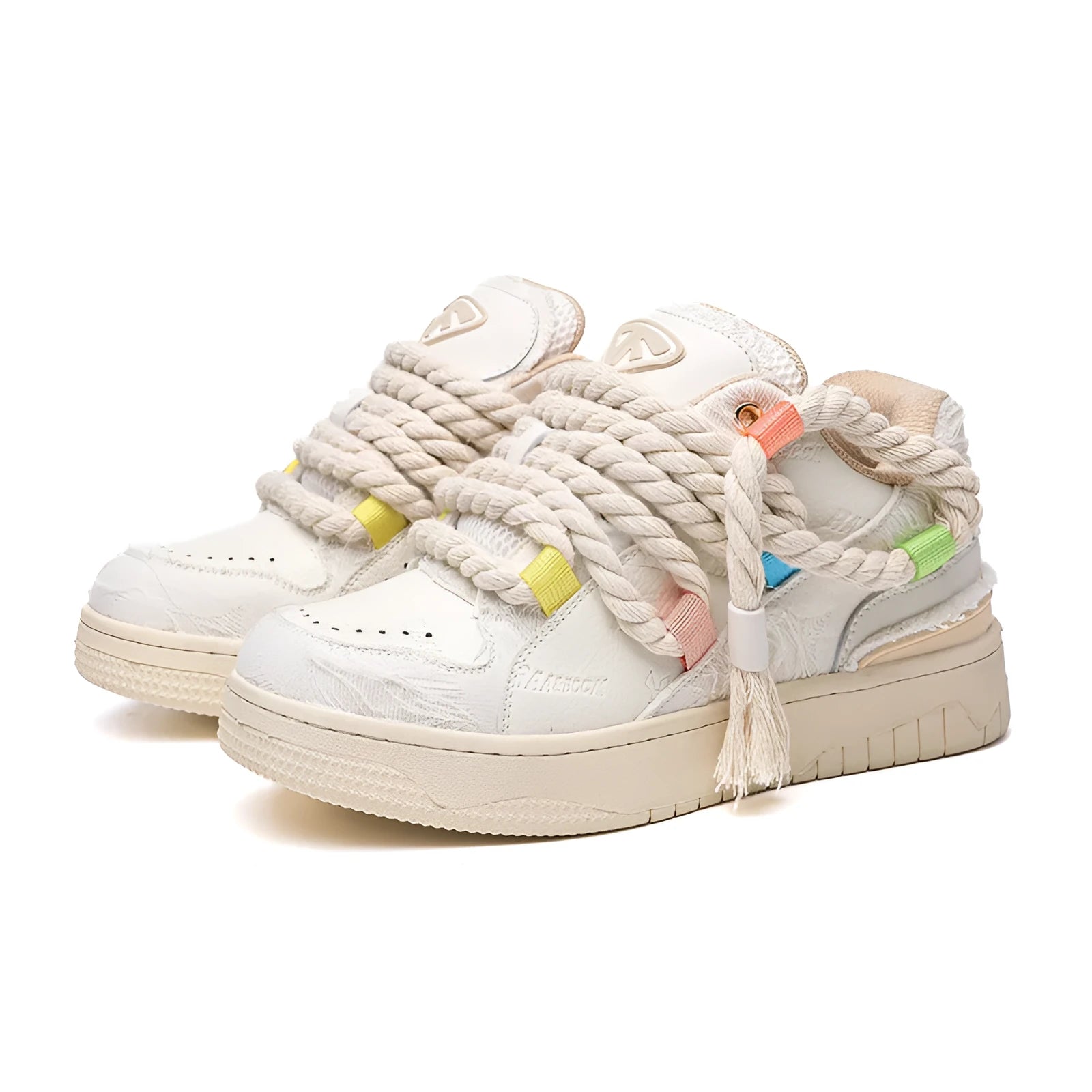 Creamy white women's retro lace-up skateboard shoes with low platform heel on rubber sole