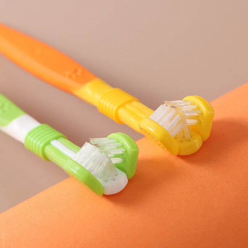 Six coloured pet toothbrushes with plastic handles and nylon bristles for dog and cat dental care