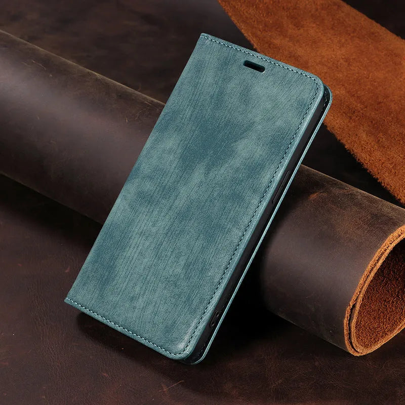 Magnetic flip leather phone case for iPhone shown closed, displaying the lake green colour and secure front flap.