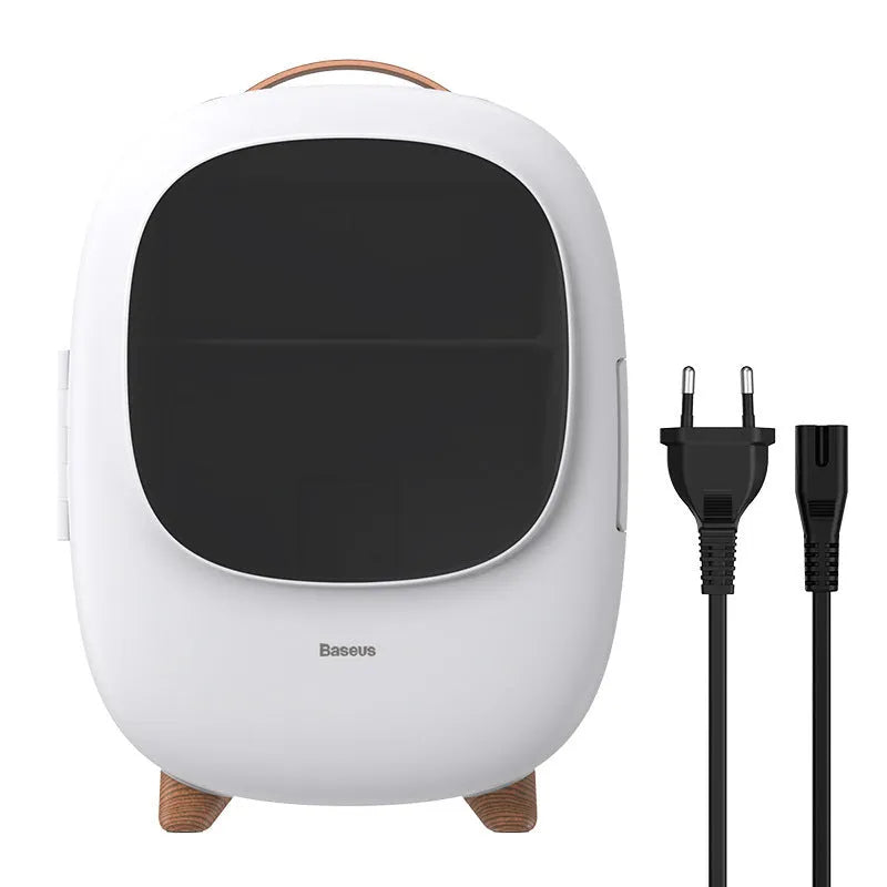 8L mini fridge in white or pink with 60W power, 360 x 275 x 290mm size, and 1.5m AC and DC power cords
