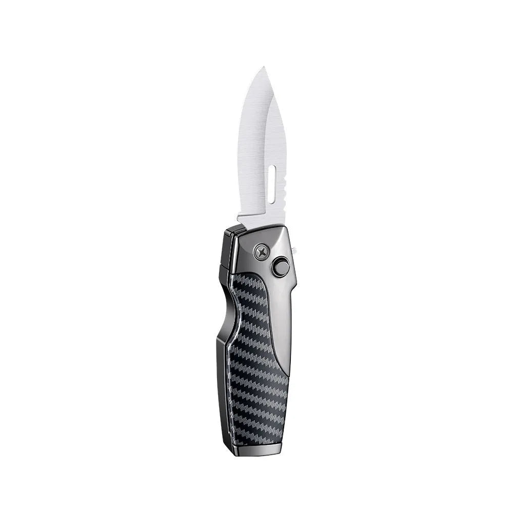 Metal folding lighter and pocket knife combo tool in zinc alloy with straight jet flame and folding blade