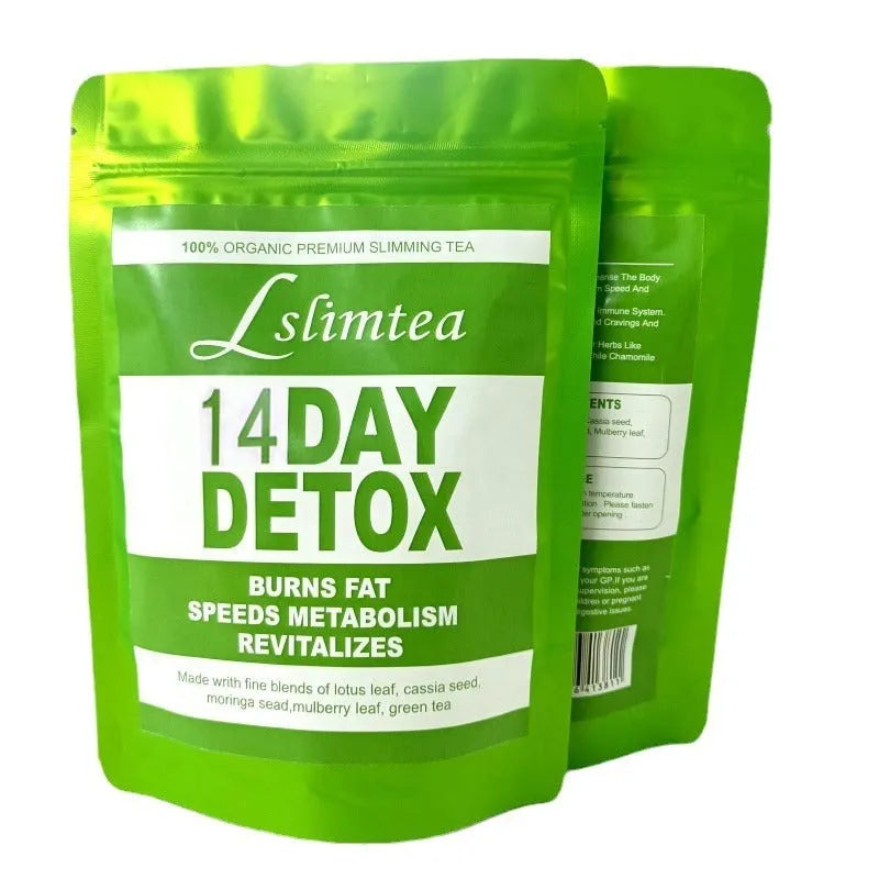 14-day herbal detox tea box showing 14 individual 3g sealed sachets