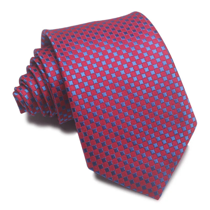 Men's striped jacquard business tie in red, showing arrow head shape and 8cm width.