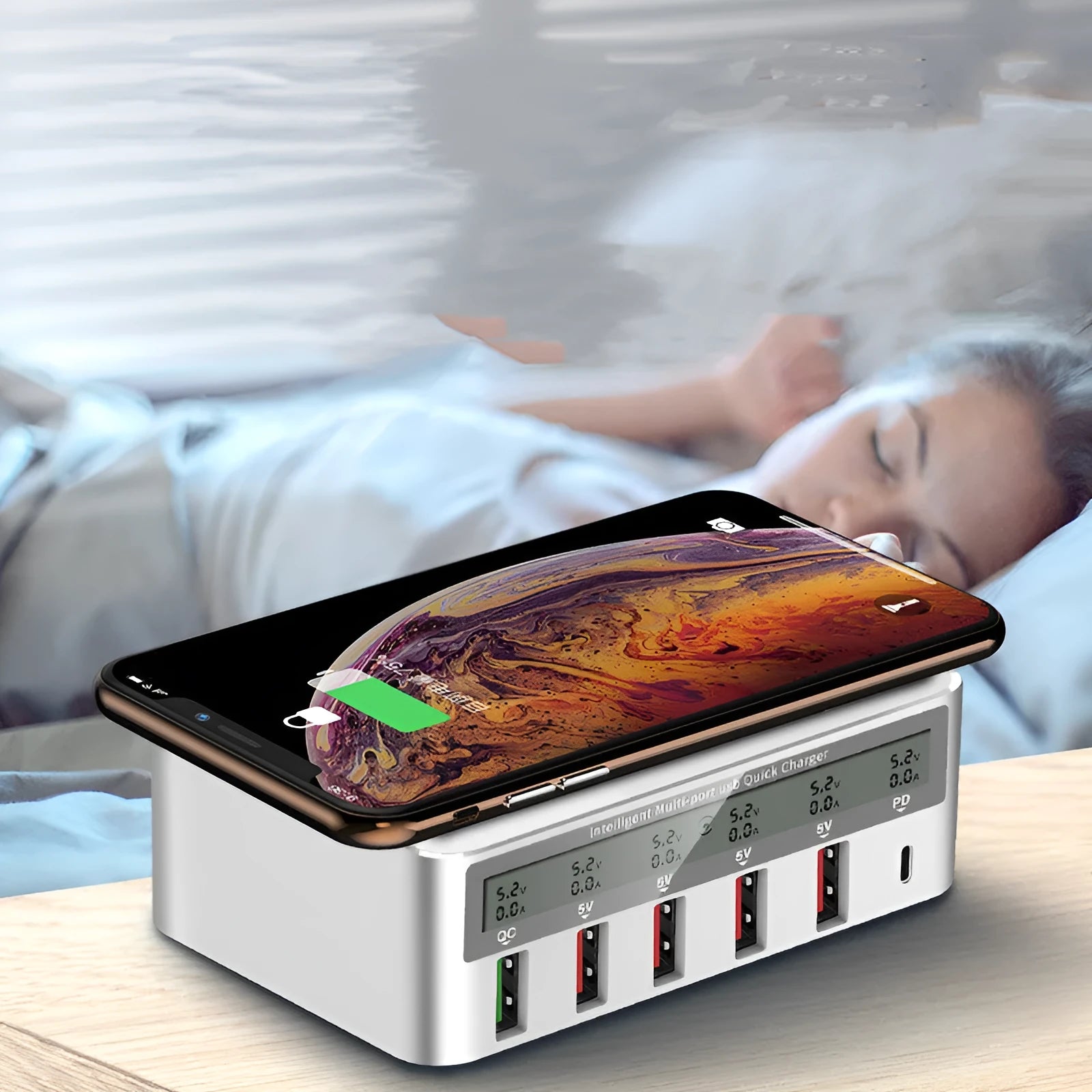 QC30 6-port USB desktop charger with LED display showing British, European and American plug versions