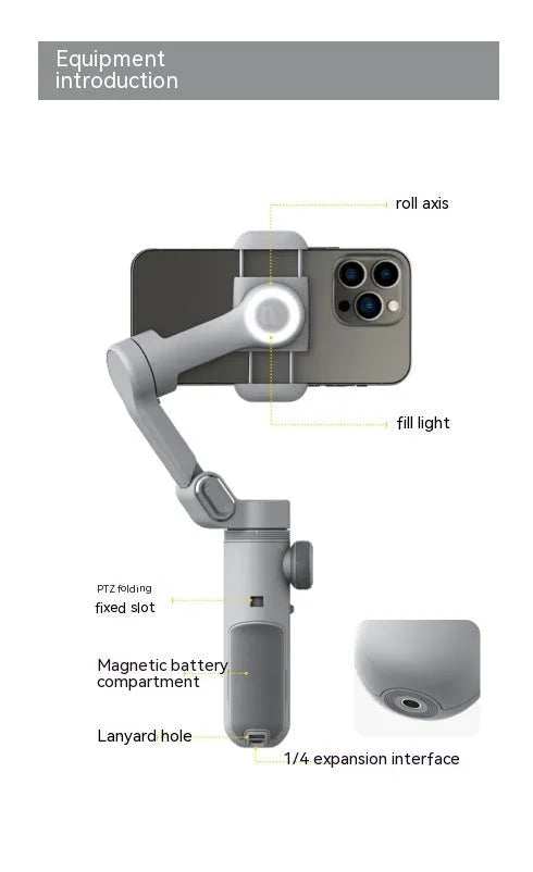 Silver grey Ochan SMART X PRO three-axis smartphone gimbal stabiliser with extended limbs and Bluetooth remote.