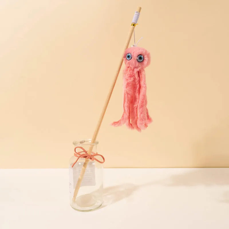 Octopus cat toy on 40cm stick in bright colours for indoor feline entertainment