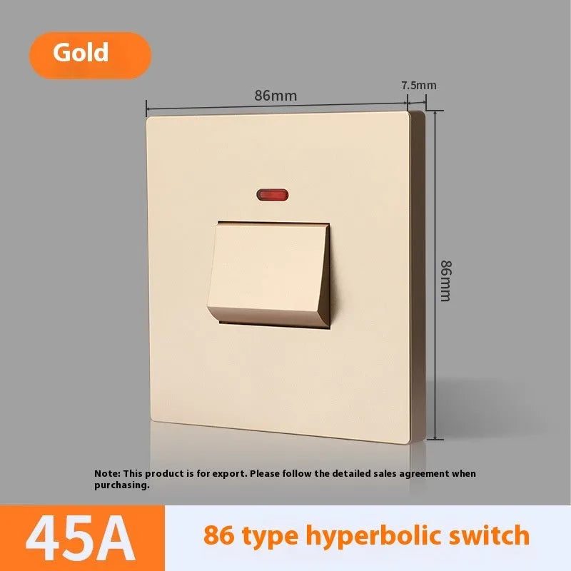 Gold, grey, or white coloured industrial switch with light panel for 25A or 45A high-current circuits.