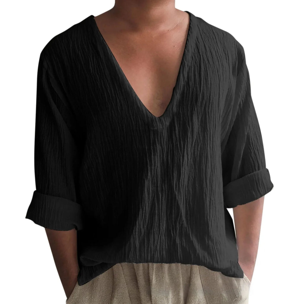 Men's washed cotton long sleeve V-neck t-shirt in solid colour on a hanger