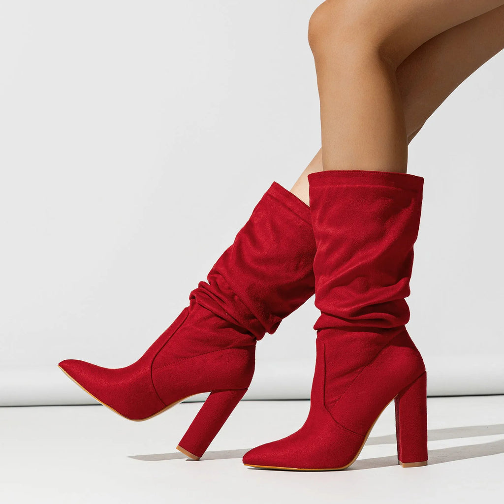 Black suede women's chunky heel pointed-toe high heel boots with a middle calf length