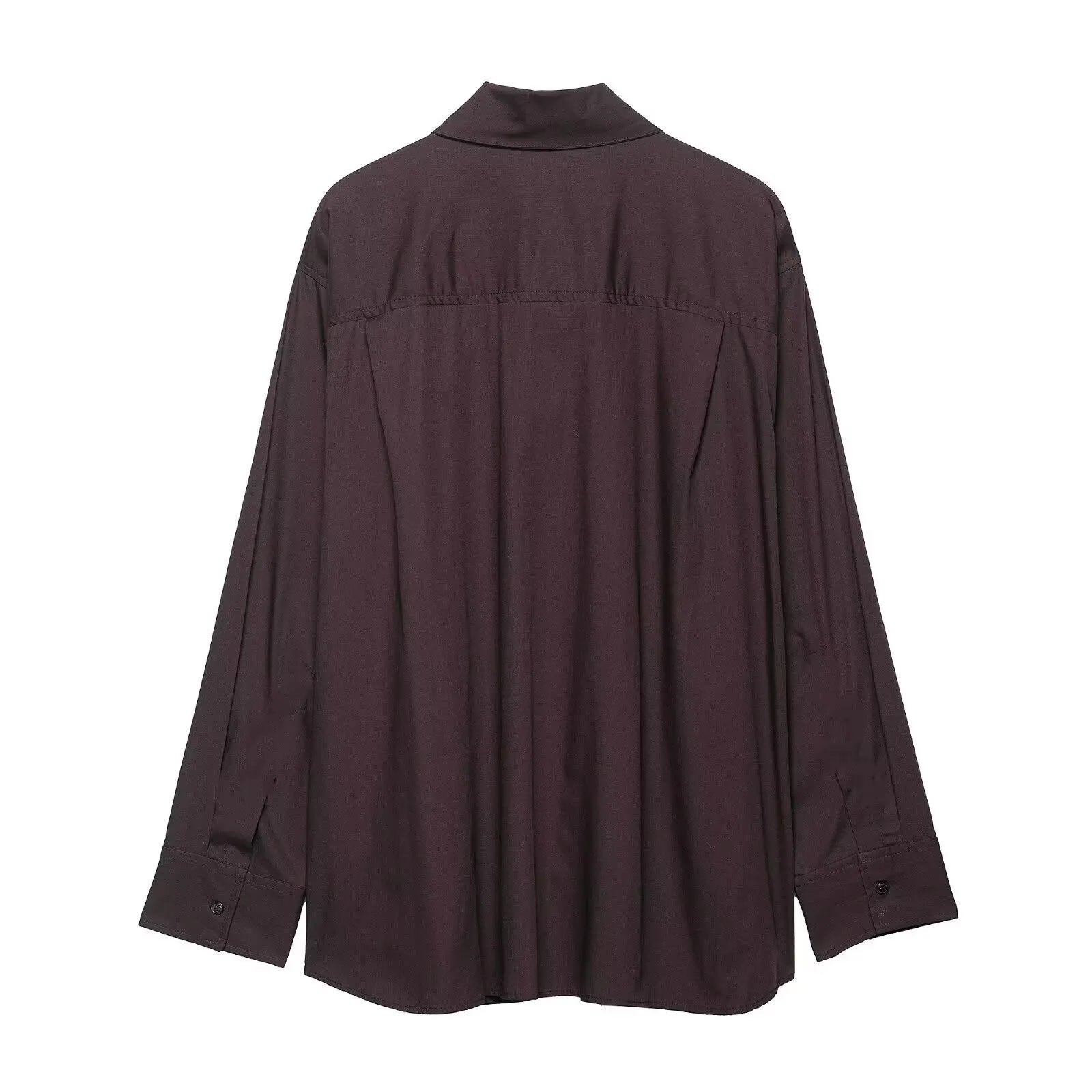 Brown women's poplin shirt with bow tie scarf, long sleeves, loose fit