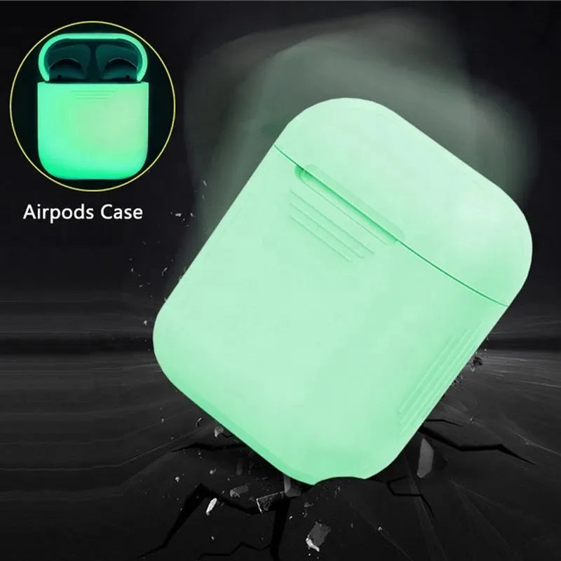 Luminous glow-in-the-dark silicone flip-top protective case for Apple AirPods on a dark background