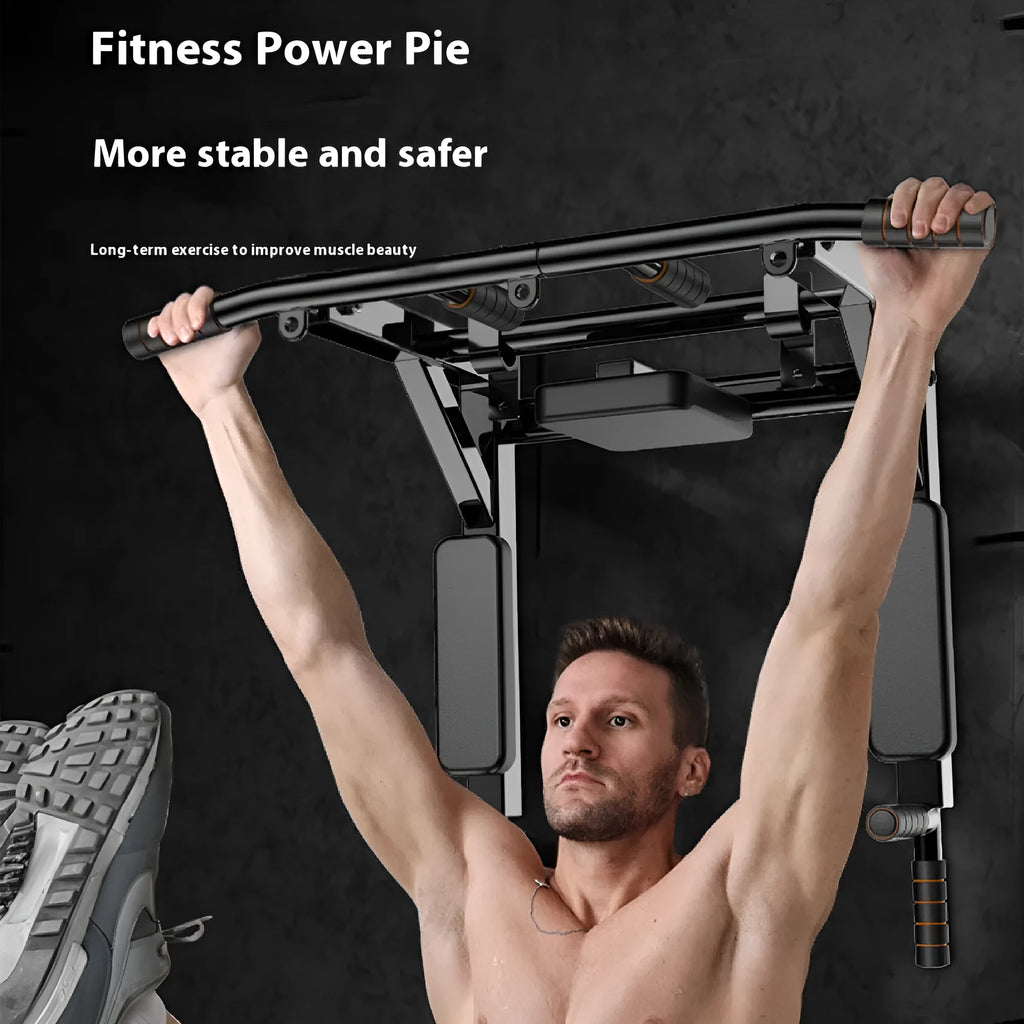 Black wall-mounted fitness equipment with sandbag rack and single parallel bars for pull-ups.