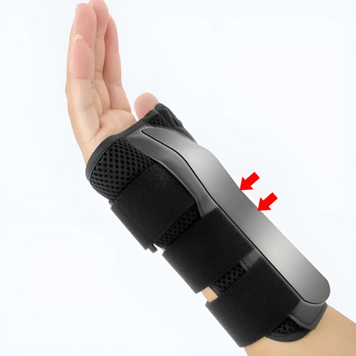 Carbon fibre sports wrist guard with thumb strap in black and grey, shown for left hand.