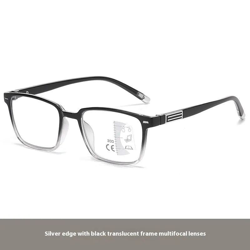 Multifocal blue light reading glasses with photochromic lenses in a black and silver frame style.