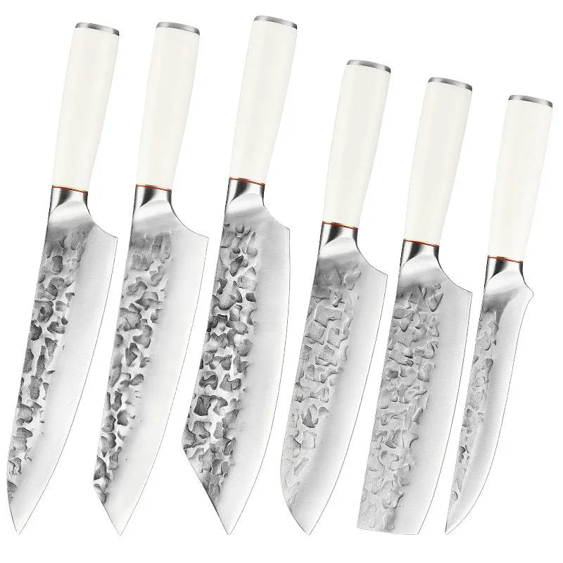 Hand-forged stainless steel kitchen knife set with 7 blades on a wooden cutting board