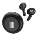 White Wireless Budz5 J6 semi-in-ear Bluetooth earbuds and charging case on a table.