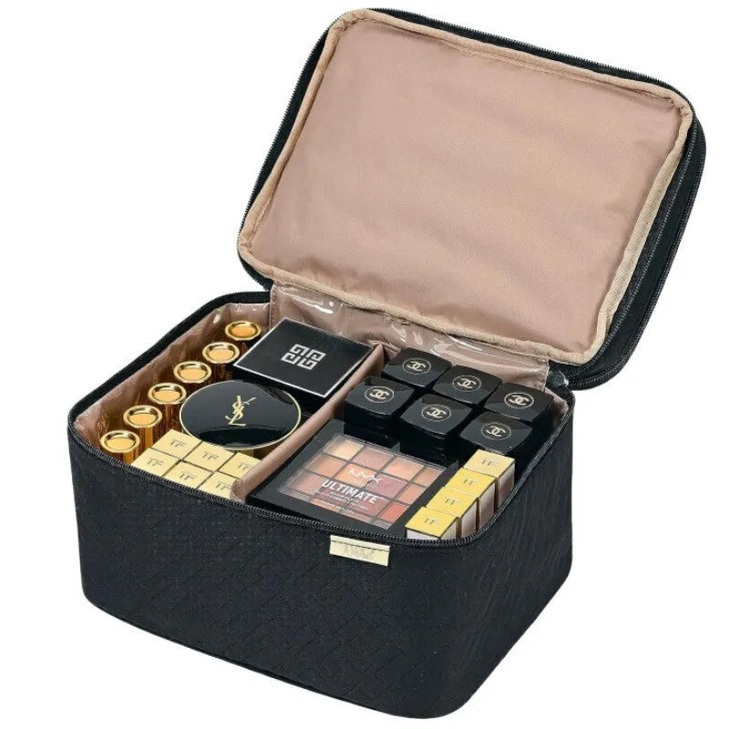 Portable double layer cosmetics bag in peach fabric leather, available in black and pink for home storage