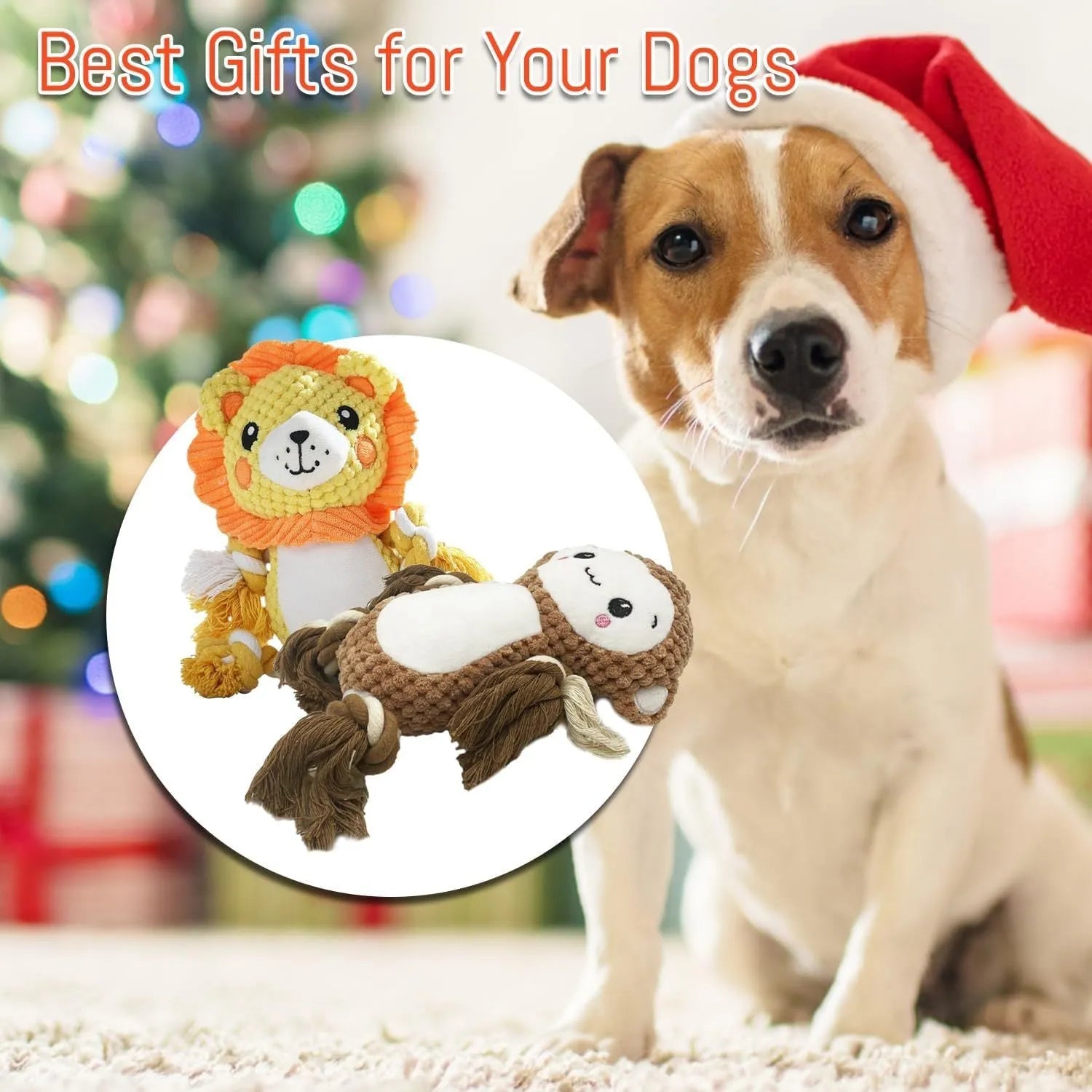 Two plush squeaky dog toys, a lion and a monkey, for medium and large dogs.