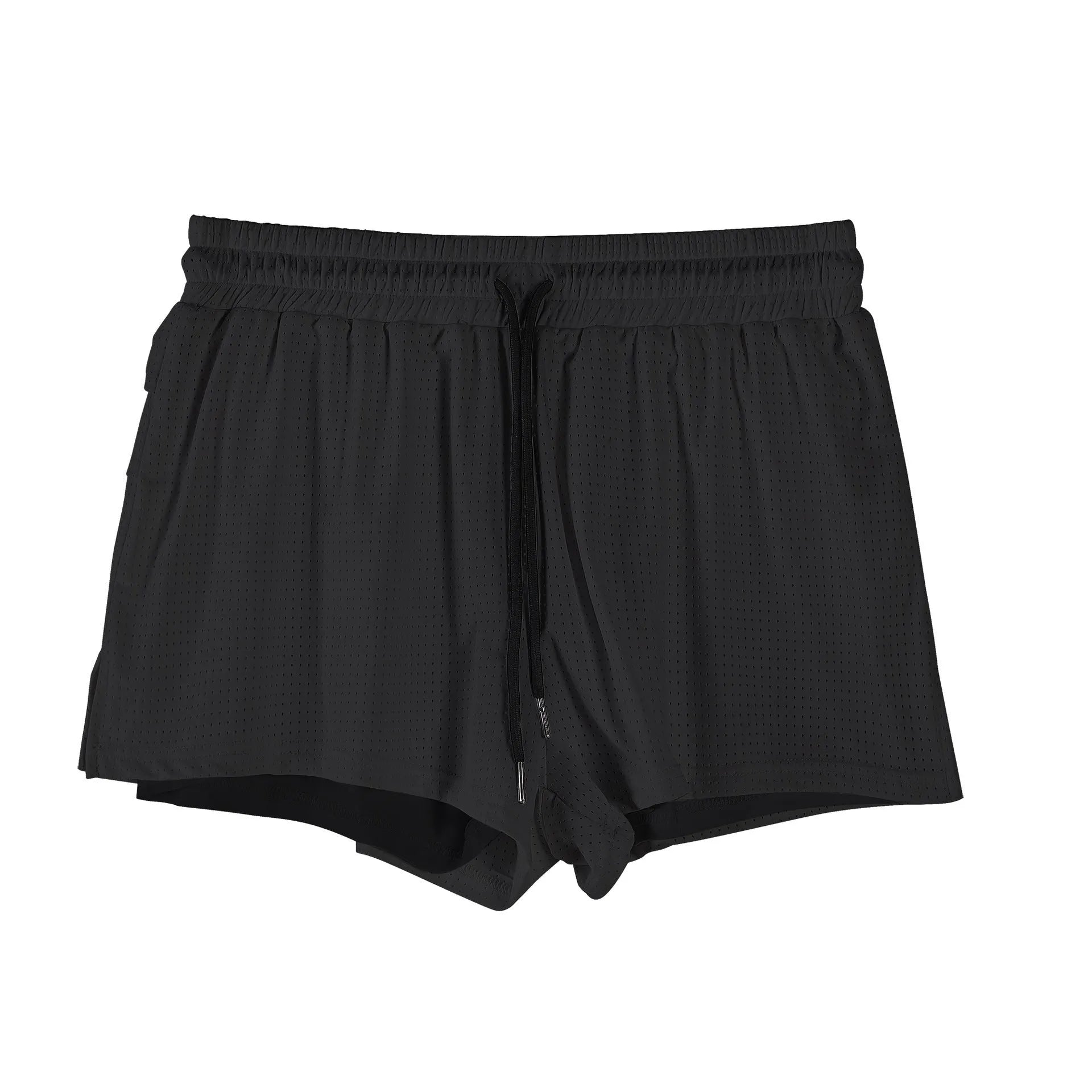 Man wearing black quick-drying nylon summer shorts with a mid-waist fit