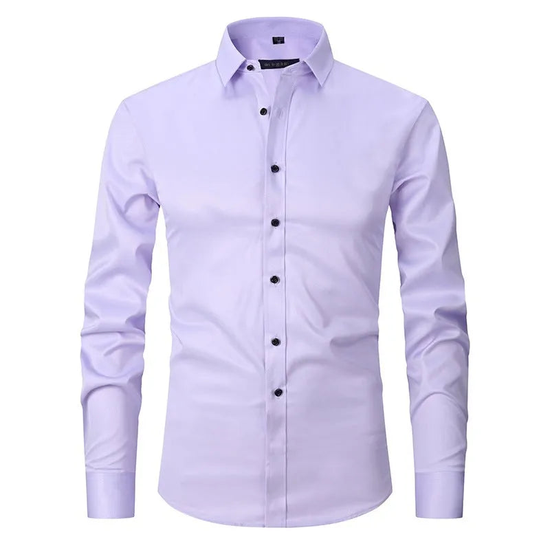 Men's stretch long sleeve work shirt in polyester fabric showing front view with size options