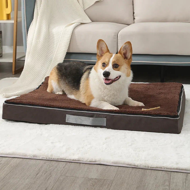 Removable washable memory sponge dog mat in brown, showing textured cover and size options.