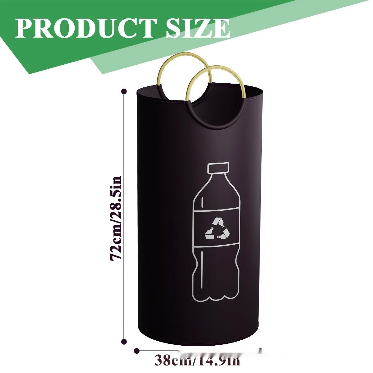 Round portable plastic trash can with a choice of plain or patterned finish, showing dimensions of 38cm wide by 72cm tall.