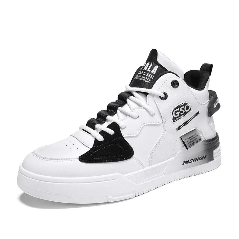 Men's khaki high-top casual shoes with PU upper and rubber sole on flat surface