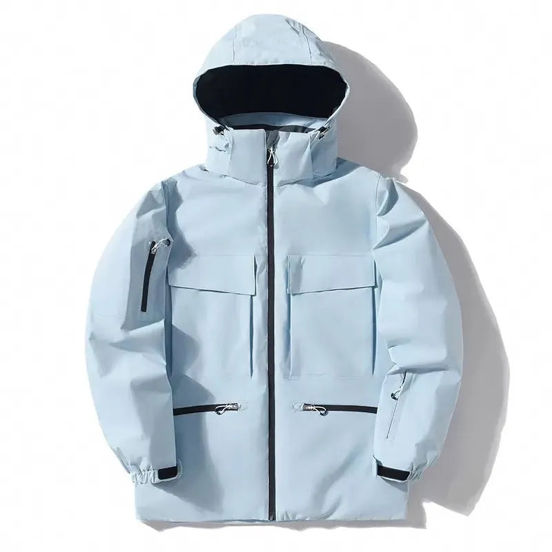 Men's winter thicken thermal hooded ski jacket in fluorescent green with full front zip and side pockets