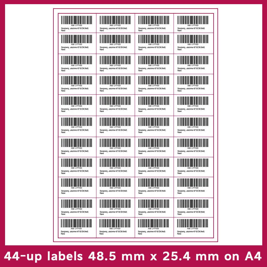 Pack of blank A4 FBA label paper sheets showing different grid cut options for barcode printing.